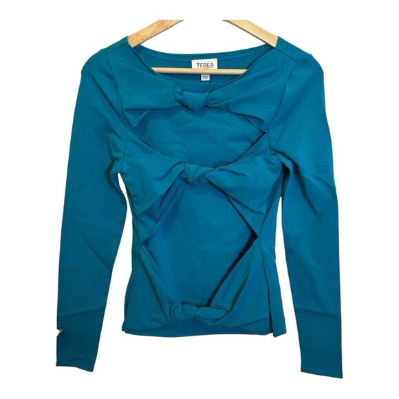 Terea By Andrea Pitter Primrose Knotted Front Top Small Blue Long Sleeves NWT - Picture 2 of 9